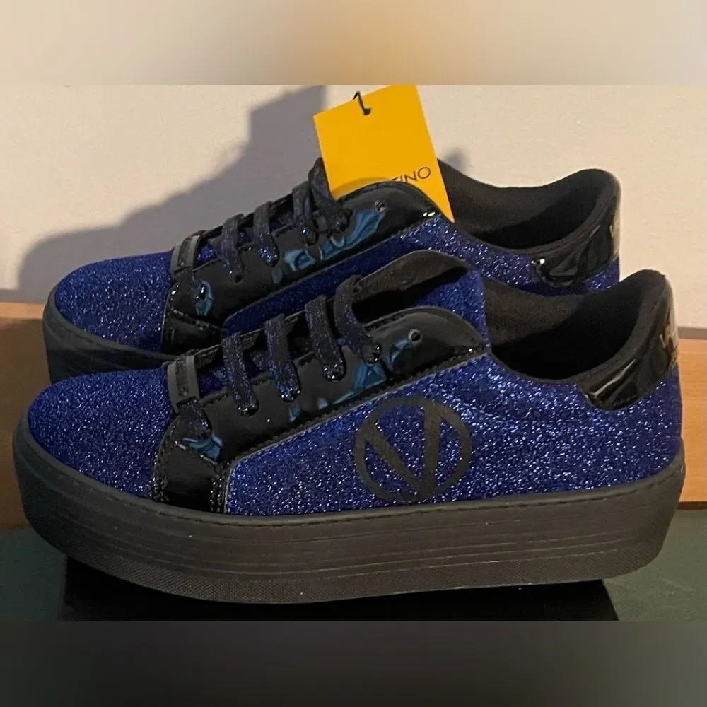 New Mario Valentino SELA Royal Blue Sparkle Black Sneakers Shoes 37 EU 7 USA - Picture 10 of 14